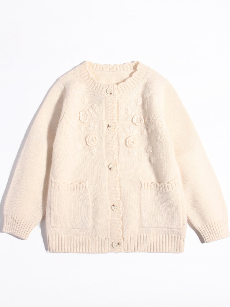 (image for) Embroidered Flower Girls Ivory Cashmere Cardigan with Pockets
